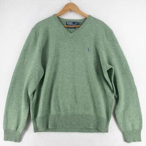 Polo By Ralph Lauren Sweater Mens XL Green 100% Lambs Wool V Neck Pony Logo